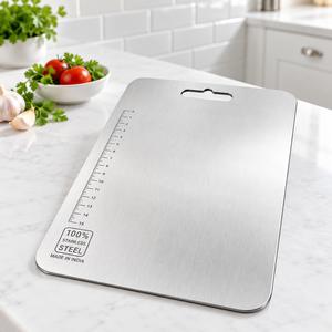 Tabla de cortar de acero inoxidable para cocina de restaurante, 36 x 25 cm, con asa, tabla de cortar de metal cepillado, venta al por mayor en India - Product Image 2