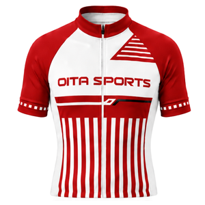 Maillot de cyclisme rouge et blanc à manches courtes avec fermeture éclair, respirant, personnalisé pour équipe, vêtements de sport pour cyclistes - Product Image 1