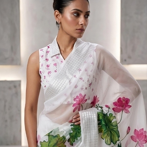 Nouveau sari en soie Georgette pour occasions spéciales, longueur ras du sol, avec impression numérique, pour la culture indienne et pakistanaise - Product Image 2