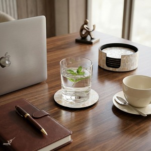 Handcrafted Modern Square Mother-of-Pearl Mosaic MOP Inlay <b>Coaster</b> Set with Holder From REHMAN CRAFT - Product Image 2