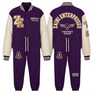 Women Varsity Tracksuit 400 GSM Cotton Polyester Fleece Purple Body Cream Sleeve Contrast Panel Chenille <b>Embroidery</b> Screen Print - Product Image 1