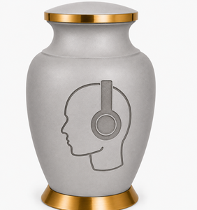 Elegante urna de cremación gris mate con auriculares y grabado de ondas sonoras, urna conmemorativa premium para amantes de la música y audiófilos. - Product Image 5
