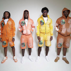 OEM Manufacturer Custom Embroidered Distressed <b>Patch</b> Hoodie Acid Wash Vintage Hoodies <b>Shorts</b> Set 2 Piece <b>Short</b> Set for <b>Men</b> - Product Image 1