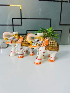 Handmade Painted Stone <b>Elephant</b> Figurine Pair Feng Shui Home <b>Decoration</b> White Gold Orange <b>Decorative</b> Statues - Product Image 3