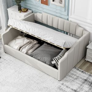 Divano letto imbottito beige a grandezza naturale con comoda vano contenitore sotto il telaio - Product Image 2