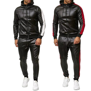 Men PU Leather Tracksuit Set Zip Up Hooded <b>Jacket</b> Jogging Pants Racer Stripe Sportswear Two Piece Set OEM Custom - Product Image 1