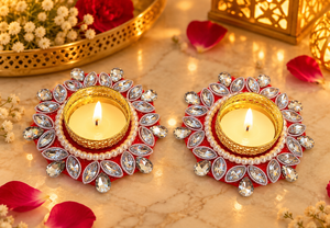 Handmade Brass <b>Candle</b> Stand Pair with Pearl and Crystal Flower Design for Home Decoration - Product Image 6