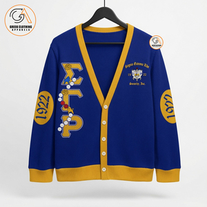 เสื้อคาร์ดิแกน Sigma Gamma Rho สีน้ำเงิน-เหลือง ปักลายตราสัญลักษณ์ คอวี ถักนิตติ้ง สำหรับผู้หญิง สไตล์ Preppy ใส่ได้ทุกฤดู - Product Image 1