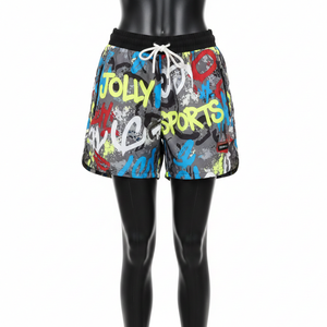 Shorts coupe-vent légers en polyester 120 GSM, gris, multicolores, impression par sublimation graffiti, logo personnalisé, pour femmes - Product Image 1