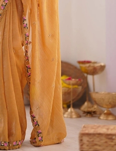 KV Women's Embroidered Embellished Reversible Viscose Silk Autumn Bollywood Tissue <b>Saree</b> with Unstitched Blouse (<b>Yellow</b>) - Product Image 5