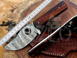 Cuchillo de caza OEM Wirecut de acero de Damasco, cuchillo Skinner con mango de madera, hoja fija para camping, cuchillo EDC para exteriores con funda de cuero - Product Image 4