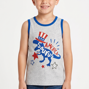Camiseta sin mangas para niños con estampado gráfico personalizado, transpirable, serigrafiada, mezcla de algodón heather, diseño de dinosaurio americano, para el 4 de julio - Product Image 1