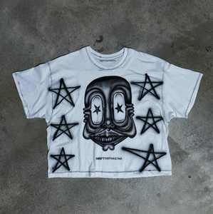 THRIFTYWITHASTAR Men's <b>White</b> Cartoon Star Print <b>T</b>-<b>Shirt</b> Short Sleeve O-<b>Neck</b> Street Style Regular Fit Cotton Jersey - Product Image 1