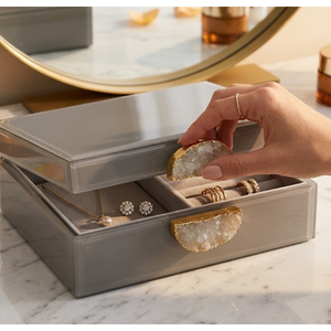 Contemporary Grey Decorative Box Set with Crystal Accent Handles Stylish Home Storage Solution for Modern Interior Decoration - Product Image 2