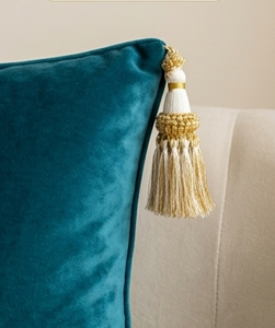 Golden Tassel With White Bead And Blue Border For Home Textile Decorative Use - Product Image 3