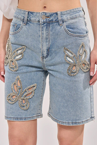 Shorts Bermuda en Denim Uni 100% Coton Taille Moyenne avec Appliques Papillon en Strass Style Décontracté pour Hommes - Product Image 6
