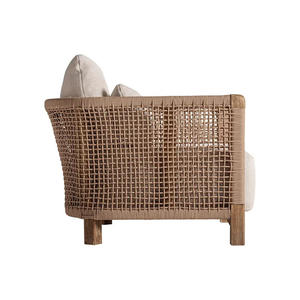 Fauteuil en rotin moderne avec revêtement en lin et pieds en bois massif pour salon, meubles de style côtier - Product Image 6