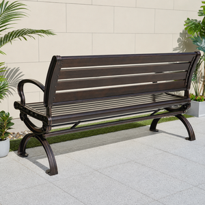 Heavy Duty Outdoor <b>Garden</b> <b>Bench</b> with Dark Brown Slatted Seat Curved <b>Metal</b> Armrests for Park Patio Lawn and Public Seating XL - Product Image 2
