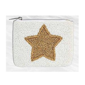 Mini sac à main en tissu de coton blanc perlé avec broderie de perles étoiles dorées, fermeture éclair, porte-monnaie, porte-cartes, trousse de maquillage pour filles et femmes, idéal pour un anniversaire - Product Image 1