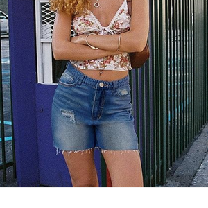 Women's <b>Stretch</b> <b>Denim</b> Shorts High Waist Raw Hem Long Cutoff Mom Fit Jorts Manufactured in Bangladesh - Product Image 4