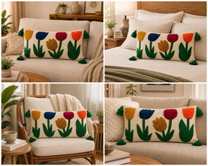 Handmade Cotton Tufted Embroidered Lumbar <b>Pillow</b> Floral Tulip Boho <b>Decorative</b> Cushion Tassels Eco-Friendly Removable Washable - Product Image 2