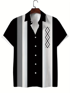 Chemise décontractée à manches courtes pour homme, imprimé géométrique noir et blanc, col rabattu, tissu popeline, vêtements d'été - Product Image 1
