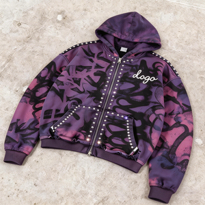 Custom Men's Vintage Washed Hoodie Heavyweight 550 GSM Full Zip Rhinestone Graphic Graffiti Printed Oversized Streetwear - Product Image 3