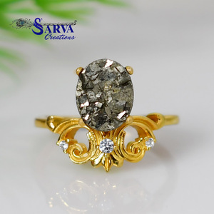 Anillo de pirita natural chapado en oro, plata de ley 925, moissanita, filigrana floral vintage, anillo de gema llamativo para mujer - Product Image 1
