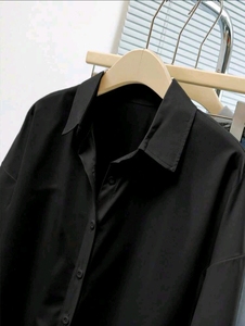 <b>Black</b> Poplin Simple Summer Woven <b>Button</b>-<b>Up</b> Blouse Long Sleeve Turn-Down Collar Front Logo <b>Shirt</b> for Daily Wear - Product Image 4