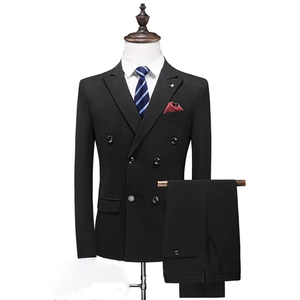 Costume d'affaires croisé pour homme en mélange de laine bleu, col à revers, devant plat, coupe droite, infroissable, tenue formelle - Product Image 4