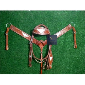 Western Brown <b>Leather</b> Horse Headstall and Breast Collar Set Hand Tooled Floral Design White Inlay Silver Studs Tack - Product Image 1
