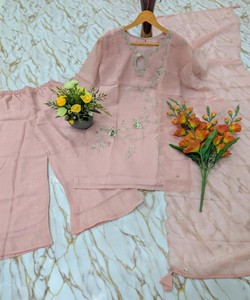 <b>Women</b> Traditional Pink Silk Embroidered Vintage Quick Dry Regular Fit Regular All Seasons Wedding Ethnic Wear <b>Kurta</b> Set India - Product Image 4