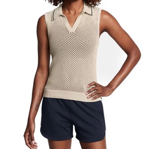 Women's <b>Sleeveless</b> Polo Shirt Mesh Knitted Breathable Solid Color Preppy Style <b>Top</b> - Product Image 4
