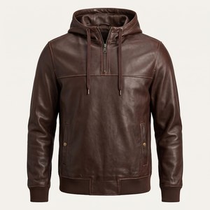Chaqueta de Invierno para Hombre, de Cuero Genuino Marrón, Ecológica, con Capucha, Casual, Resistente al Viento, Corte Regular - Product Image 1