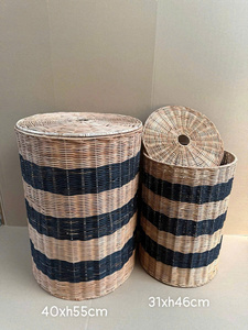 Cesta de Almacenamiento Tejida de Ratán Natural con Tapa, Forma Circular, Rayas Negras y Beige, 40x55cm y 31x46cm, para Almacenamiento de Ropa - Product Image 1