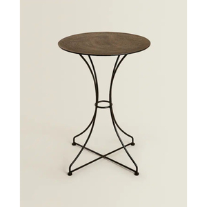 Mesa Auxiliar de Hierro Forjado de Estilo Moderno de Mediados de Siglo con Tapa Redonda de Madera y Base de Pedestal en Forma de X, Mesa Auxiliar Decorativa para Sala de Estar - Product Image 1