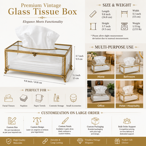 Vintage Glass Tissue <b>Box</b> Holder Decorative Gold Metal Frame Luxury Tissue Case for Home Hotel Bathroom <b>Vanity</b> Table Décor - Product Image 2