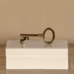 White Glass Keepsake Storage Box with <b>Gold</b> Tone Key Handle Soft Interior Glossy Finish Decorative Jewelry and Vanity Organizer - Product Image 1