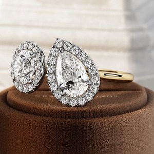 <b>Unique</b> Design Pear & 18K Lab Created Diamond <b>Ring</b> Two 1 Carat Stones Halo IGI Certified Classic Style for Wedding/<b>Engagement</b> - Product Image 1