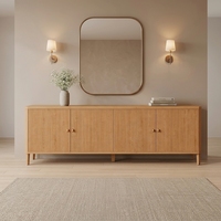 Meuble TV FERLY en chêne massif de style moderne du milieu du siècle, console multimédia de luxe avec poignées en laiton et sculptures circulaires, buffet sur mesure pour villa
