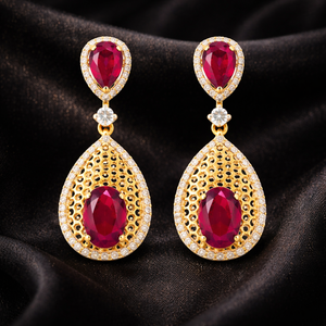 Pendientes de Lujo para Mujer, Chapados en Oro de 18K, con Rubíes en Forma de Gota y Detalles de Diamantes, Joyería para Boda - Product Image 3