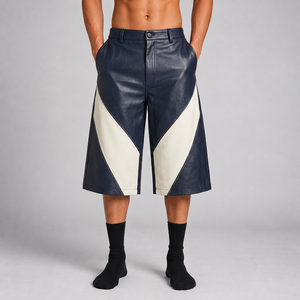 <b>Mens</b> Color Blocked Leather Look Bermuda <b>Shorts</b> Mid Waist Button Fly Street Style Panelled Design Solid Gray <b>Black</b> - Product Image 5