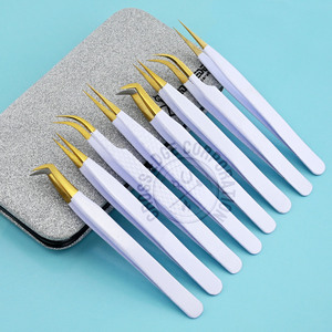 Hot Sale Popular White with Gold Tip Eyelash Extension Fiber Tip Tweezers 90 45-degree Stainless Steel Nonslip Lash Tweezers - Product Image 1