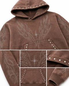 Custom Acid Wash Rhinestone Tracksuit <b>Set</b> Pullover Hoodie Wide Leg Pants Streetwear Style Sparkle Embellished 100% Cotton OEM - Product Image 6
