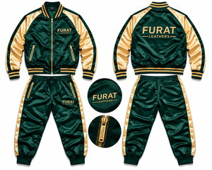 ชุดวอร์ม FURAT LEATHERS สีเขียวทอง ผ้าซาตินโพลีเอสเตอร์/คอตตอน เป็นมิตรกับสิ่งแวดล้อม สำหรับผู้ชาย แจ็คเก็ตและกางเกงเข้าชุด ผ้ามันเงา สไตล์เรโทร ขนาดสั่งทำได้ - Product Image 1