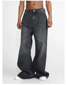 Jean baggy noir unisexe pour homme – Coupe droite, jambe large, denim ample, taille mi-haute, style décontracté, délavage clair, pour tous - Product Image 3