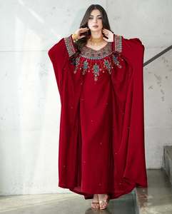 Elegant Red Embroidered Polyester Plus Size Floor Length Abaya Women Long Sleeve Solid Wedding Party Wear India Pakistan Style - Product Image 4