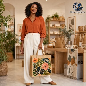 Sac fourre-tout en jute de taille moyenne avec logo personnalisé, fermeture à glissière, motif floral, pour un usage quotidien et pour offrir en cadeau - Product Image 6