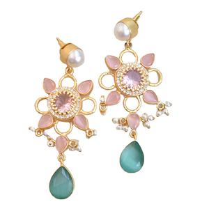 Boucles d'oreilles clous en laiton perlé, zircon, semi-précieux, plaqué rhodium, style avant-gardiste, vente en gros - Product Image 1