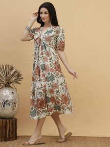 <b>Floral</b> Print V-Neck Midi Dress With <b>Tie</b> Front Cap Sleeve Loose Fit Casual Woven Dress Spring Style - Product Image 2